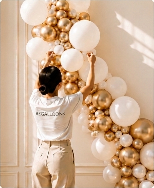 Regalloons professional installing gold and white balloon garland for premium event Regalloons professional installing gold and white balloon garland for premium event